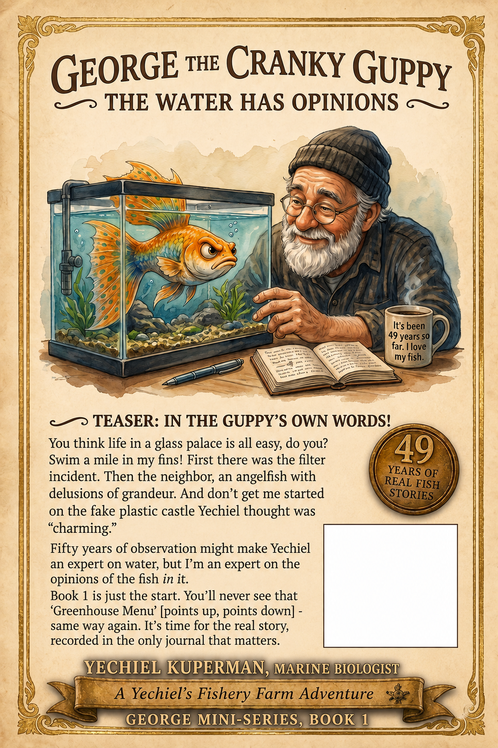 Back cover of Book 1: The Water Has Opinions — showing synopsis and author details for this Yechiel's Fishery Farm STEM book